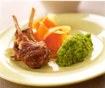 Lamb Cutlets with Minted Pea Puree and Ribbons of Parsnip and Carrot
