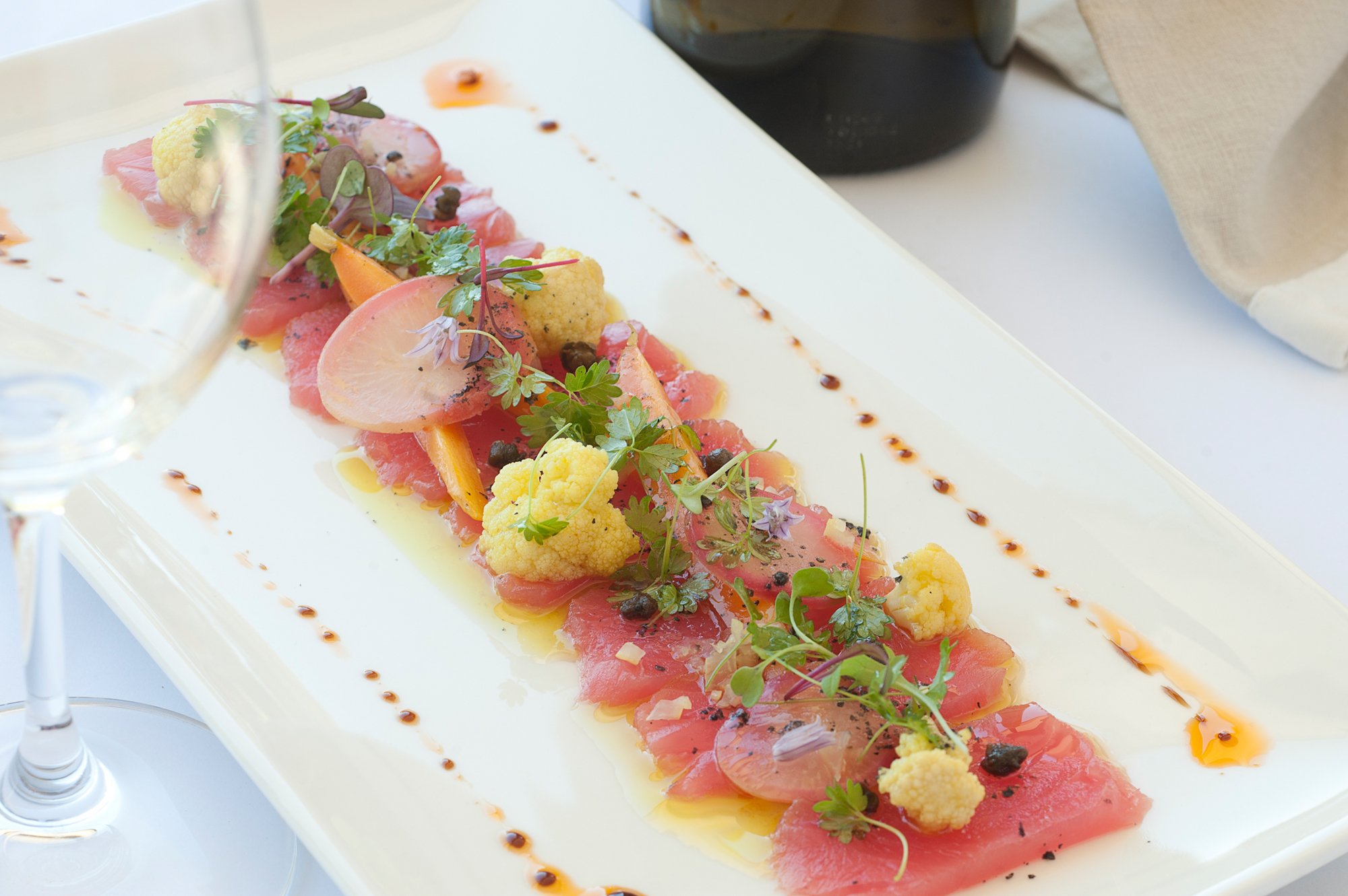 Carpaccio of Kingfish with Picalilli, capers and white balsamic dressing