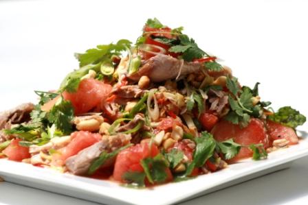 ROAST DUCK AND WATERMELON SALAD WITH GREEN CHILLI AND ROASTED PEANUTS